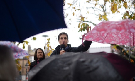Ed Miliband talks about Labour’s policy to cut energy bills during a visit to Crouch End, north London