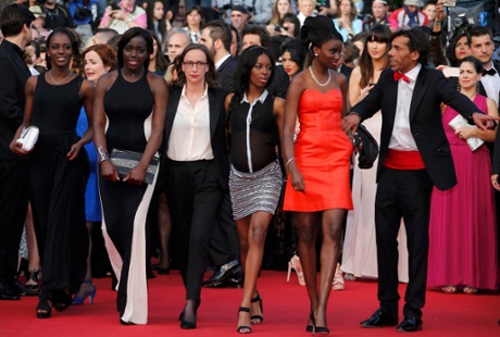 Girlhood director Celine Sciamma, centre, and cast members on the red carpet at Cannes.