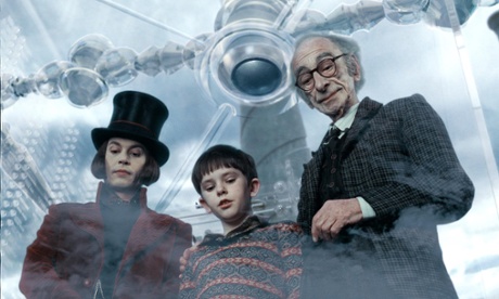 Willy Wonka, Charlie Bucket and Grandpa Joe in the great glass elevator