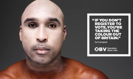 Campbell with his face powdered to “whiten up” for the Operation Black Vote campaign.