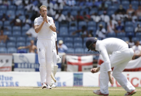Stuart Broad comes close to claiming the wicket of Kraigg Brathwaite.