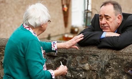 Alex Salmond with a (watch-less) resident of Gordon where he is standing as the SNP Westminster candidate.