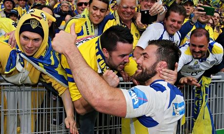 Clermont Auvergne's Jamie Cudmore celebrates with fans at the end of their match against Saracens