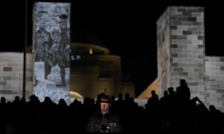Victoria Cross recipient Daniel Keighran speaks during the Anzac Day dawn service at the Australian War Memorial in Canberra.