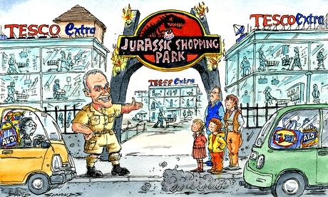 Cartoon showing Tesco as 'Jurassic Shopping Park'