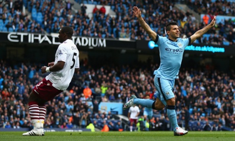 Sergio Aguero of Manchester City celebrates scoring the opening goal.