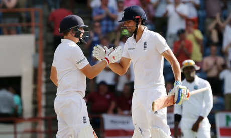 England captain Alastair Cook congratulates Gary Ballance on reaching his fifty.