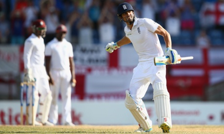 Alastair Cook, undefeated on 59 runs, celebrates England's victory by nine wickets over West Indies.