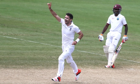 England's James Anderson celebrates the wicket of Marlon Samuels.