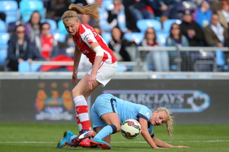 MANCHESTER, ENGLAND - APRIL 19: Toni Duggan of Manchester City tackles Leah Williamson of Arsenal during the Women's Super League match match between Manchester City and Arsenal at the Manchester City Academy Stadium on April 19, 2015 in Manchester, England. (Photo by Dave Thompson - The FA via Getty Images)FootballSoccerThe FAWSLClub Soccer