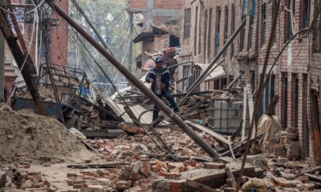 A street in Bhaktapur on Sunday: few of the newer buildings in Nepal’s capital appeared to have been damaged. But the older buildings, built of wood and brick, stood little chance.