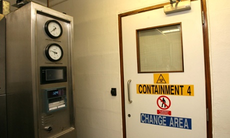 A door on the 'containment floor' of the National Institute for Medical Research, beyond which is the sterile lab where the flu virus samples are kept and tested.
