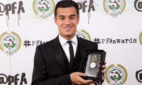 Philippe Coutinho part of the PFA Team of the Year during the PFA Awards at the Grosvenor House Hotel, London. PRESS ASSOCIATION Photo. Picture date: Sunday April 26, 2015. See PA story SOCCER PFA Team. Photo credit should read: Barrington Coombs/PA Wire