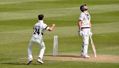 Middlesex batsman Nick Compton looks to the heavens as Somerset’s Lewis Gregory celebrates taking his wicket.