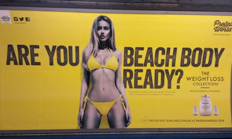 A Protein World advert displayed in an underground station in London. More than 44,000 people have signed a petition to have the adverts removed.