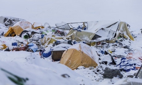 The Mount Everest south base camp a day after a huge earthquake-caused avalanche killed at least 18 people.