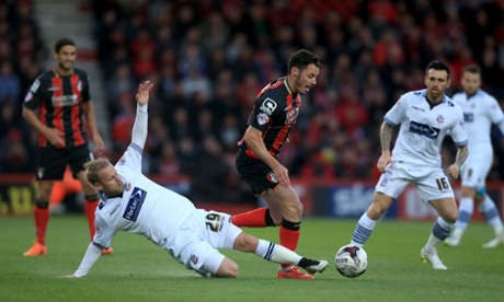 Bournemouth's Adam Smith and Bolton Wanderers' Barry Bannan battle for the ball as Bournemouth begin to dominate.
