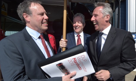 DUP deputy leader Nigel Dodds (left) with Ian Paisley Jr (right) and leader Peter Robinson at the launch of their manifesto on 21 April.