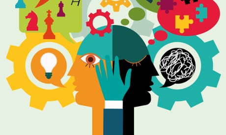 A collage of two faces and abstract thoughts.