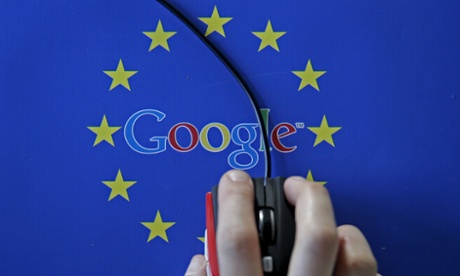A woman hovers a mouse over the Google and European Union