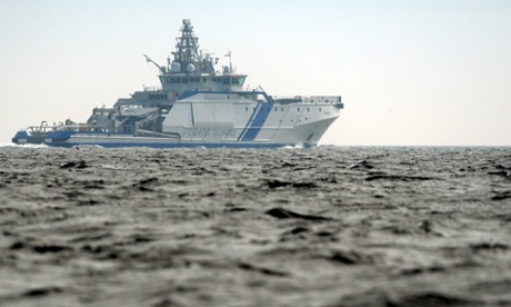 Finnish border guard ship Turva on the waters near Helsinki. Handheld underwater charges were fired as a warning in the vicinity.