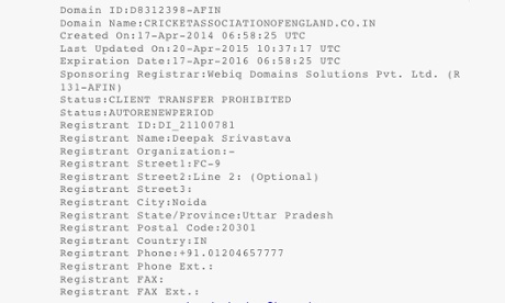 Screen grab of a website domain registration certificate that shows it was a Ten Sports employee that set it up