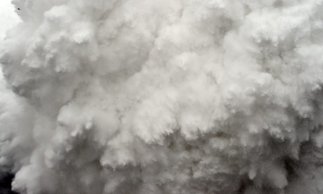 Roberto Schmidt's photograph of a cloud of snow and debris flying towards Everest base camp. 