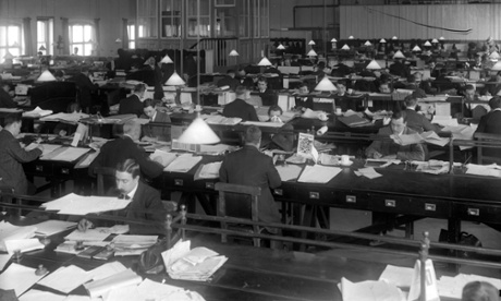 Male office clerks working for the London and South Western railways at Nine Elms, Wiltshire, 1916