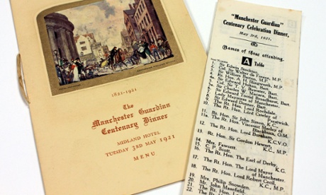 Menu and place settings for the Guardian’s centenary celebration dinner.