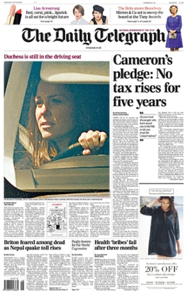 The Daily Telegraph's front page focuses on David Cameron's tax pledge