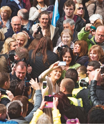 Nicola Sturgeon takes selfies with the crowd at a campaign rally