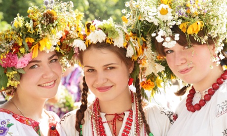 Young girls in Ukrainian traditional national costumes.