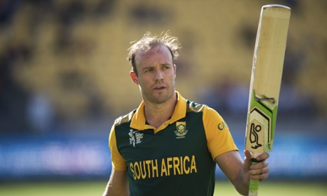 South African captain AB de Villiers lifts his bat to the fans as he walks from the field after being caught by UAE's Amjad Javed during a Pool B Cricket World Cup match between South Africa and UAE (United Arab Eremites) at Wellington Regional Stadium in Wellington on March 12, 2015.  AFP PHOTO / MARTY MELVILLEMarty Melville/AFP/Getty Images