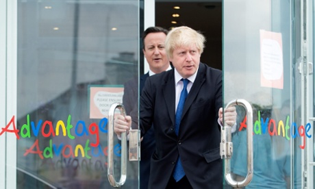 Boris Johnson leaves a South London nursery, pursued by David Cameron.