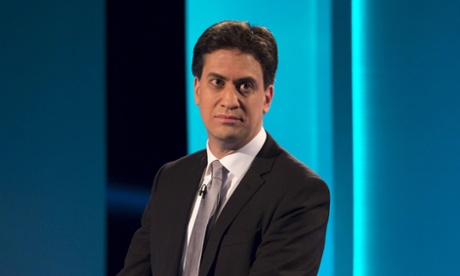 Labour leader Ed Miliband in the party leaders' televised election debate on 2 April 2015.