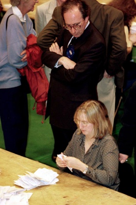 Malcolm Rifkind watches the counting of votes after the 1997 general election, at which he lost his Edinburgh Pentlands seat.