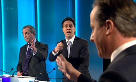 Nigel Farage, Ed Miliband and David Cameron speak during the leaders' debate.