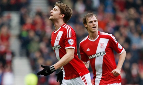 Middlesbrough's Patrick Bamford celebrates after opening the scoring.