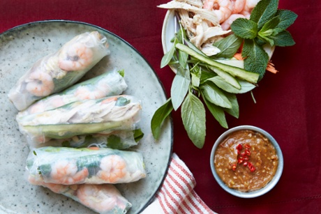 Chicken, mint and Thai basil summer rolls with peanut sauce