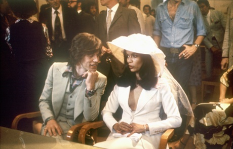 Bianca Perez Morera de Macias ties the knot with Mick Jagger in 1971, dressed in a Saint Laurent suit.