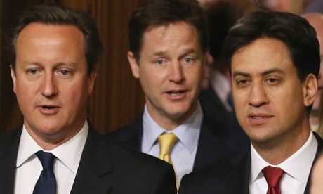David Cameron, Nick Clegg and Ed Miliband. ‘I can’t wait to sing songs, join hands, and experience the close-quarters love of my fellow man.’