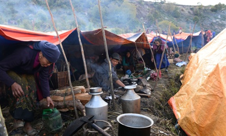 Makeshift tents at Laprak village, in the northern-central Gorkha district.