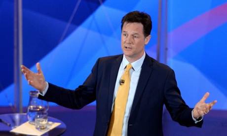 Liberal Democrat leader Nick Clegg addresses the audience at Leeds town hall.