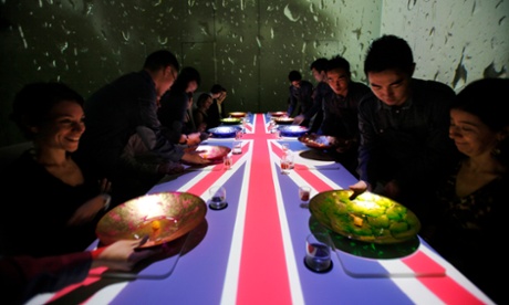 British food on a union jack table at Ultraviolet in Shanghai