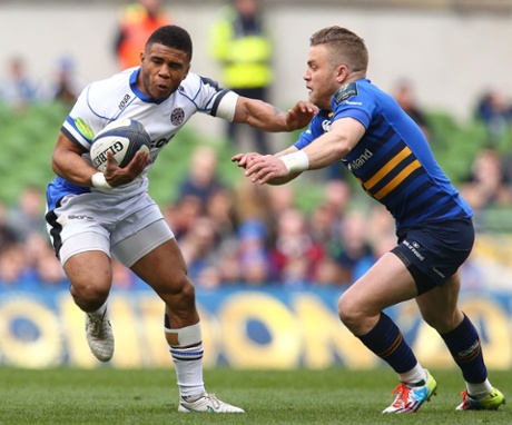 Bath's Kyle Eastmond attempts to get away from Ian Madigan of Leinster.