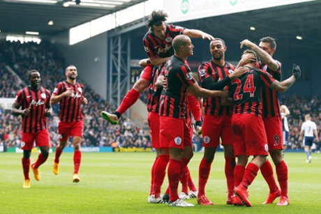 QPR's Eduardo Vargas is congratulated by his team-mates after opening the scoring at the Hawthorns.