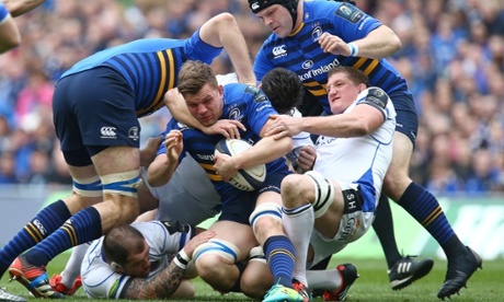 Jordi Murphy of Leinster is tackled as he attempts to break against Bath.