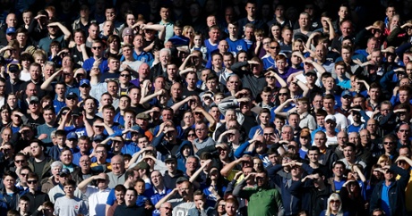 Everton fans either shield their eyes from the sun or that chap in the budgie smugglers we saw earlier.