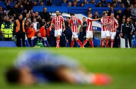 Charlie Adam of Stoke City celebrates with team-mates after his 59 yard wonder goal.
