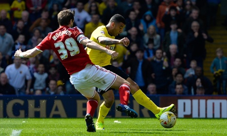 Troy Deeney Watford FC scores the opener at Vicarage Road, sending the ball low past Konstantopoulos for his 20th of the season.